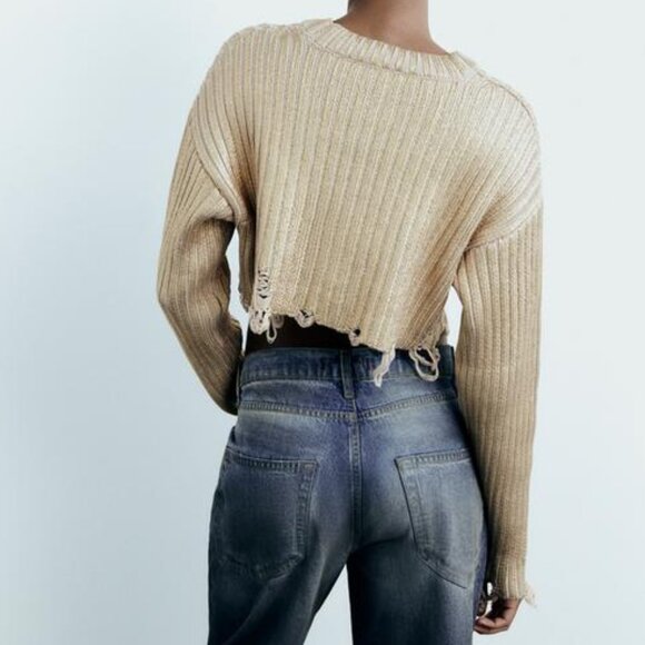 NWT GORGEOUS METALLIC GOLDEN FOIL KNIT CROP SWEATER - Picture 4 of 11